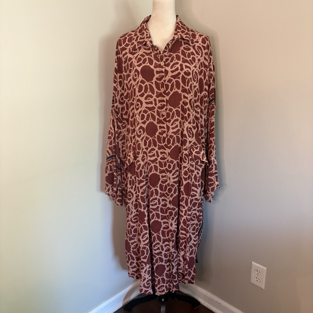 Kantha Bae Button Up Maxi Dress Duster Burgundy Tan Silk Pockets OOAK Free Size